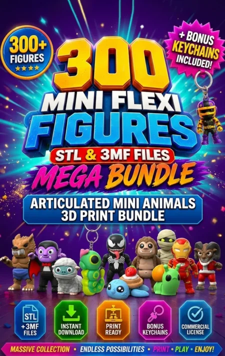 300 Mini Flexi Figures STL & 3MF Files + Keychains | Articulated Mini Animals 3D Print Bundle | Print-in-Place Models
